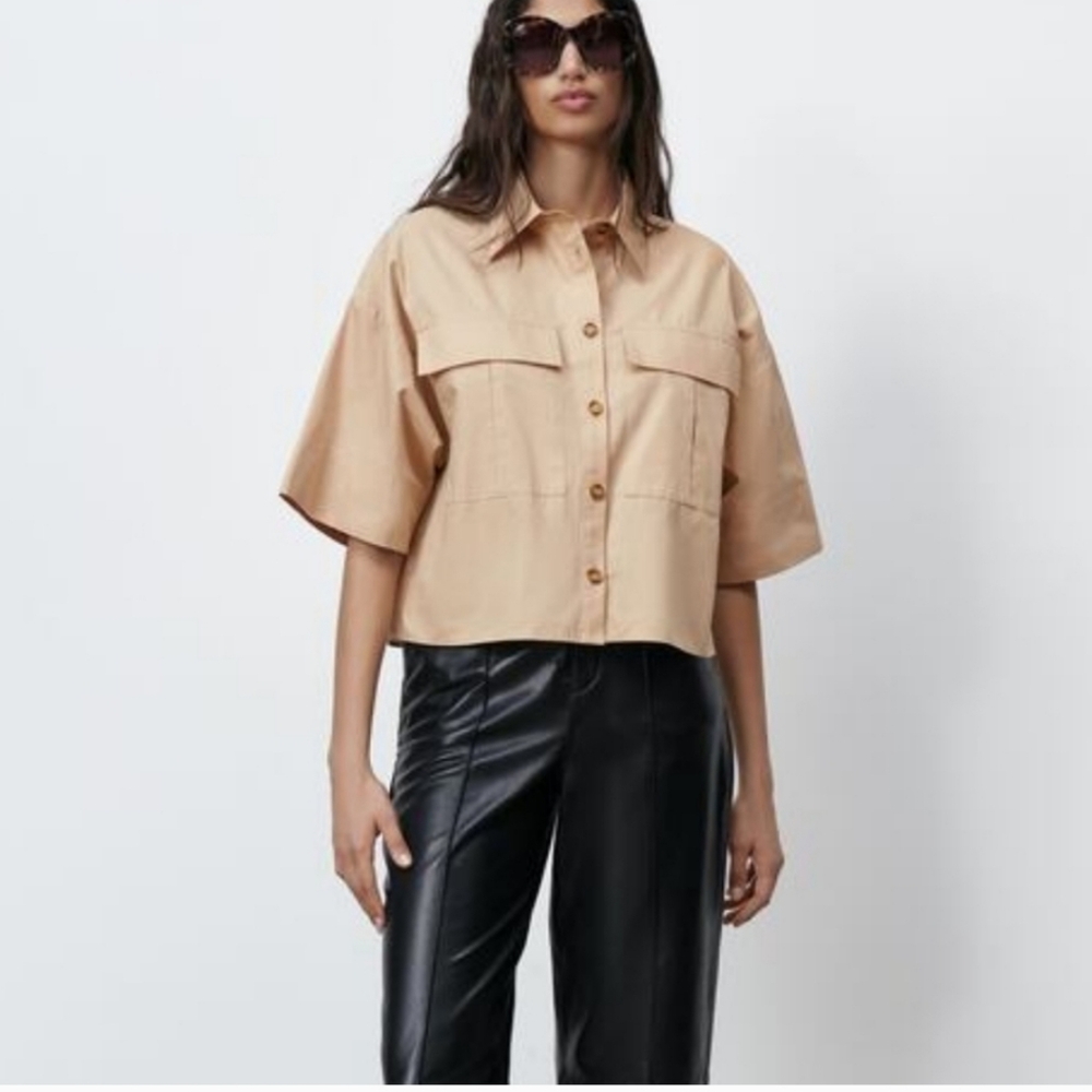 Zara  oversized poplin Tan Cargo shirt  S